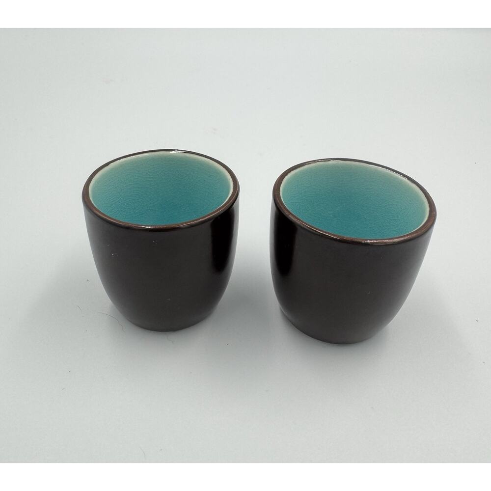 Vintage Visun China Turquoise Crackle Sake Cup Pair – Brown Underglaze MCM